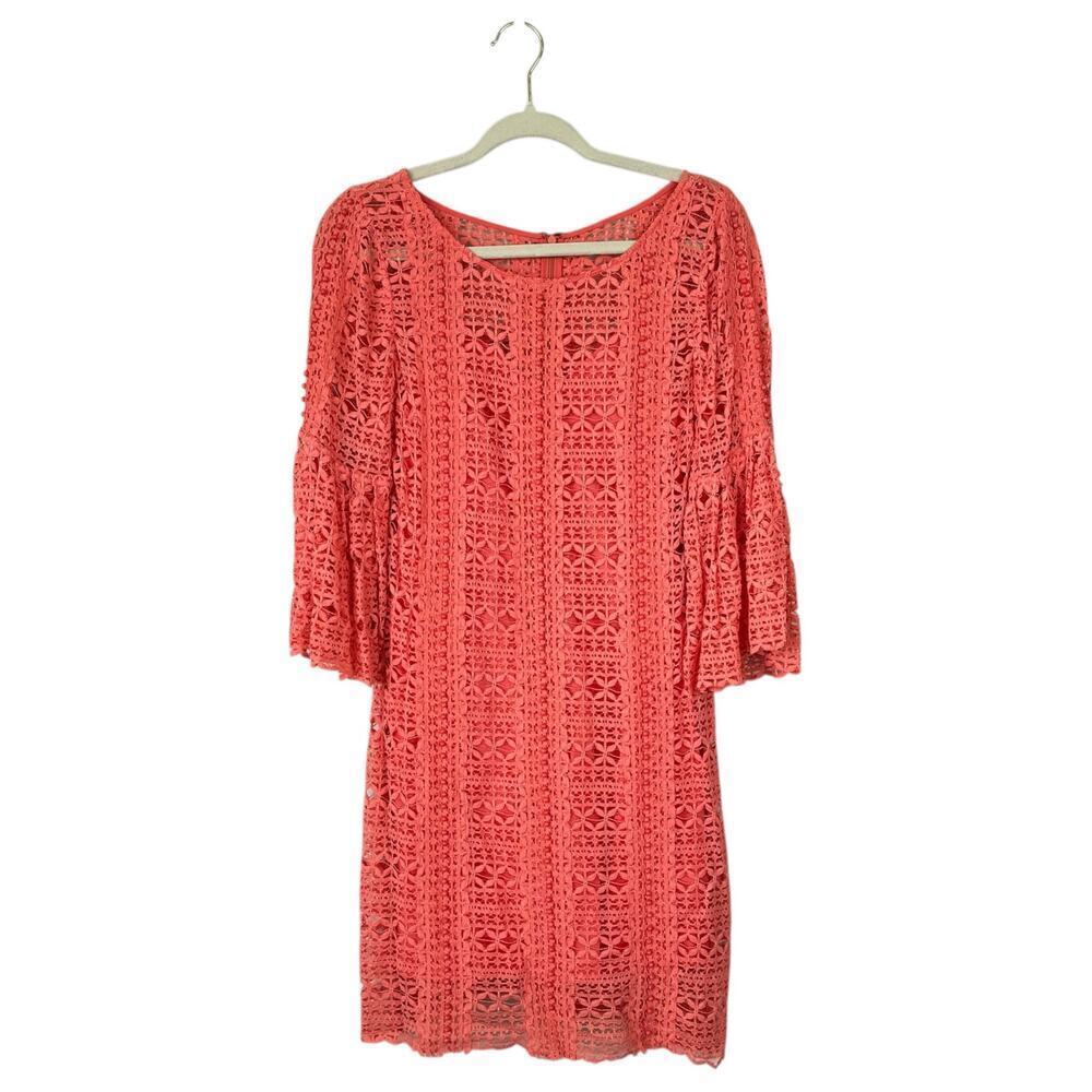 TRACY REESE New York Coral Pink Beaded Eyelet Dress Size 6 Party Bell Sleeves
